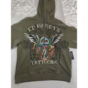 Ed Hardy Hoodie Mens XL Green Graphic Print Tattoo Fire Breathing Dragon Tiger