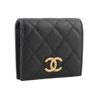 CHANEL 金色螺旋CC Logo 荔枝牛皮釦式零錢袋二折短夾(黑色) AP3519 B13703 94305