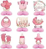 9 Pcs Baby Shower Honeycomb Centerpieces,Pink Table Decoration for Baby Girls,3D Honeycomb Centerpieces Table Toppers,It's a Girl Gender Reveal Decorations for Baby Shower Party Supplies