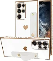 ELEPIK for Samsung Galaxy S23 Ultra Case with Strap for Women, Cute Luxury Gold Heart Pattern Design, Full Camera Protection, Soft TPU, Shockproof Slim Protective Case, 6.8 in 2023 (White)