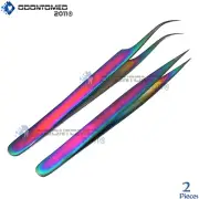 2 Pcs Eyelash Extension Tweezers Straight & Curved Rainbow Stainless Steel Set