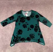 Jaclyn Smith Top Womens XL Green Sharkbite 3/4 Sleeve Round Neck Roses New