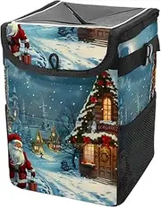 Car Trash Can with Lid and Storage Pockets Leak-Proof Organizer,Multipurpose Trash Bin for Car,Santa Claus Moon Reindeer