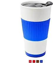 UDMG Ceramic Double Wall Insulated Travel Coffee Cup with Slider Lid, Silicone Sleeve & Built-In Coaster, 10 fl.oz (Blue)