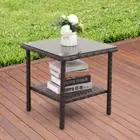 Outdoor Side Table, Square Patio Rattan Coffee Table with Glass Top Brown