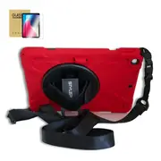 StylePro combo, iPad 7th, 8th, 9th, 10.2” case with tempered glass screen protector, hand strap, shoulder strap & rotating stand, red.