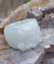 Jade ring Size 10.25 Icy Jadeite W Small Koi Carving.
