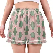 [RPLIFE] Potted Cactus Pink Women's Pajama Shorts, Cute Trendy Boxer Shorts for Women, Summer Pajamas