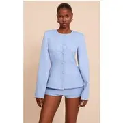 Powder Blue Woven Cinched Waist Cocoon Sleeve Button Up Blazer, Powder Blue