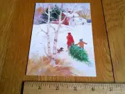 Vintage Christmas Card Snow Bringing home Tree Birch Tree Farm George Shedd 1994
