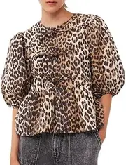 [OATSBAS] Leopard Print Tops for Women Puff Sleeve Top Cute Summer Shirts Tie Front Cardigan Blouse Y2k Babydoll Peplum Top