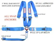 SNAP IN 5 POINT RACE HARNESS SFI 16.1 PULL UP LAP BELTS ROLL BAR MOUNT BLUE
