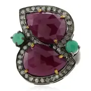 11.5ct Ruby Emerald Diamond Border Pear Shape Long Ring 925 Sterling Silver