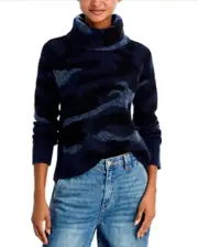 AQUA Turtle Neck Camo Sweater Women's S Navy Wool Blend Long Sleeve Pullover