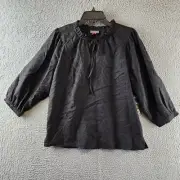 Vince Camuto Jacquard Zebra Print Split Neck Blouse Black 3/4 Sleeve Tie Front