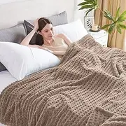 [Serenhom] Soft Cozy Fuzzy Fleece Throw Blanket, Waffle Light Taupe, 50x60 Inches – Lightweight, Fluffy, and Warm 3D Jacquard All-Season Blanket for Couch, Bed, Sofa, Home Decor, Camping, and Travel