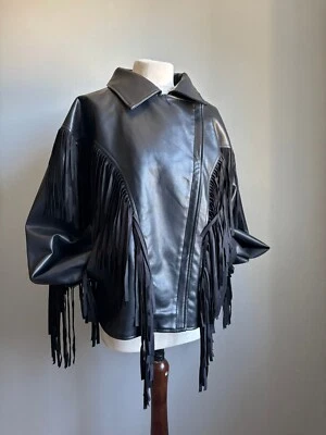 FRINGE faux leather BIKER JACKET 16 18 20 tassle COWBOY oversize blogger BOOHOO