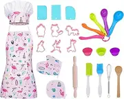 Cosmisun 26PCS Kids Cooking Sets - Baking Sets for Kids Cooking Toys Chef Hat Apron Measuring Spoons Pretend Play Kitchen Accessories Baking Gift for 4-9 Year Old Girls Boys -Flamingo