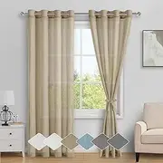 DWCN Sheer Linen Curtains Camel with Tiebacks, Eyelet Semi Blended Sheer Curtains Privacy Vertical Window Curtains & Drapes with Light Through for Bedroom Living Room, Each W132cm x D243cm, Set of 2