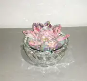 CRYSTAL GLASS TRINKET BOWL W/ PINK LOTUS FLOWER TOP 4"X3" (NEW)