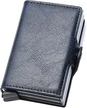 [YWHBK] Card Holder, Men Credit Card Holder, Slim Card Case Front Pocket Anti-theft-RFID Auto Pop up Travel Thin Wallets for Men, Blue Leather( Double Layer* Hold 14 Cards ), Slim Wallet