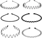Nomakk 6 Pieces Metal Headbands Wavy Hairband Spring Hair Hoop Sports Fashion Hair Bands Unisex Black Elastic Non Slip Simple Headwear Accessories
