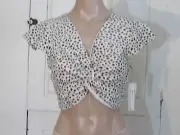 Midnight Sky top crop smocked linen blend twist Jr L beige brown dots ruffle New