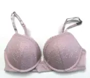 Victoria's Secret Lace Mesh Back Plunge Push Up Bra Size 34C Antique Lavender
