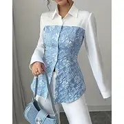 Women's Shirt Blouse Flower Stylish Modern Long Sleeve Shirt Collar Regular Tops Holiday Going out Patchwork Print Sky Blue Fall