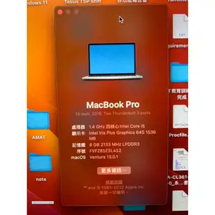 MacBook Pro A2159 2019 1.4GHz 四核心 Intel Core i5 256GB