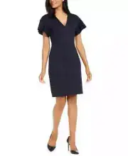Elie Tahari Geraldine V-Neck Dress Womens 12 Navy Short Flutter Sleeve Lined Zip