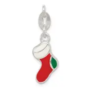 Sterling Silver Polished Enamel Christmas Stocking Charm