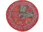 Decorative Round Accent Pillow - Red Beaded Patchwork Cushion Cover