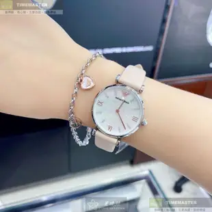 ARMANI阿曼尼精品錶,編號：AR00041,32mm圓形銀精鋼錶殼白色貝母錶盤真皮皮革粉紅錶帶