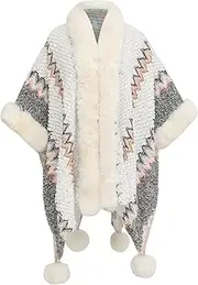 [Miaikvs] Womens Colorful Stripe Poncho Vintage Ethnic Style Fur Collar Scarf Coat Knit Wrap Open Front Cardigans for Women
