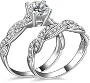 [LRGKMCWTOB] 2-in-1 Womens 925 Solid Sterling Silver Matching Bridal Set Wedding Engagement Rings Clear Round Cubic Zirconia Engagement Promise Bridal Silver Band Fashion Cute