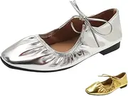 [ZJWBB] Women's Wrinkled Leather Lace Up Flat Mules Fashion Lace Up Closed Round Toe Shallow Mouth Ballet Shoes Comfortable Lightweight Luxury Casual Business Wedding Dress Shoes