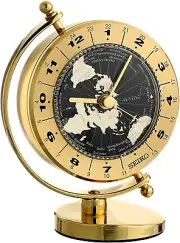 VIDEO Seiko World Time Globe Gold Tone Desk Table Clock 24 Time Zones QHG106GLH