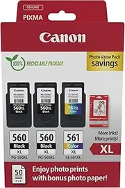 [Canon] Ink & Paper Multipack - PG-560XL/CL-561XL Genuine High Yield Printer Ink Cartridges 3 Pack (2 x Black, 1 x Colour) & 4x6 Photo Paper (50 x Sheets)