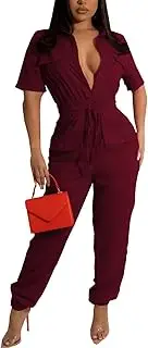 [ZonJie] Women's Summer Casual Jumpsuits Short Sleeve Button Up Cute Loose Drawstring Waist Wide Leg Jumpsuit Romper, 923burgundy, XX-Large