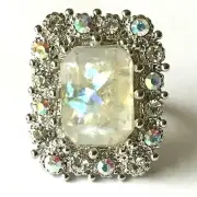 Vintage Silver Art Deco Opalescent Cocktail Ring Size 7 Camilla Lucia Plated