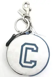 NWT COACH Varsity Circular Signature Canvas Coin Purse Keychain White IndigoBlue