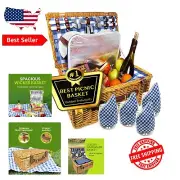 Large Wicker Picnic Basket for 4 - Complete Dinner Set with Wine Glass Holders