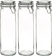 Argon Tableware 3X 2000ml (2 Litre) Clear Glass Spaghetti Jars - Clear Airtight Silicone Seal and Metal Clip Lids - 70.3oz Empty Tall Pasta Kitchen Containers