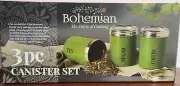 Bohemian Spirit Of Cooking 3 Piece Green Canister Set Coffee Sugar Tea NIB