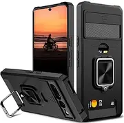 [rojarou] for Google Pixel 7 Pro Case with [Card Holder[ and [Slide Camera Cover] and [360° Rotate Ring Kickstand] Heavy Duty Protective Phone Cover Case for Pixel 7 Pro 5G 6.7"-Black