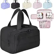 Cureaway Travel Cosmetic Bag, Large Capacity Wide-Open Travel Cosmetic Bag, Dry-and-Wet Separation, 4 Compartments, with Divider and Handle, 4-in-1 Puffy Multi-Functional Toiletry B-ag (Black)