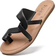 [Ruiee] Women's Flat Slides Sandals, Round Open Toe Slip On Strapy Flip Flop Thong Summer Beach Shoes for Women