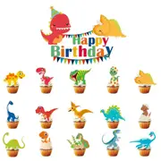 16pcs Cartoon Dinosaur Cake & Cupcake Toppers - Jungle Jurassic Theme Birthday Party Decorations