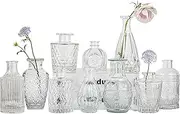 Glass Bud Vase Set of 10 - Mini Vintage Vases for Wedding Decorations, Home Table Flower Décor, Small Carved Vases for Centerpieces, Entryways